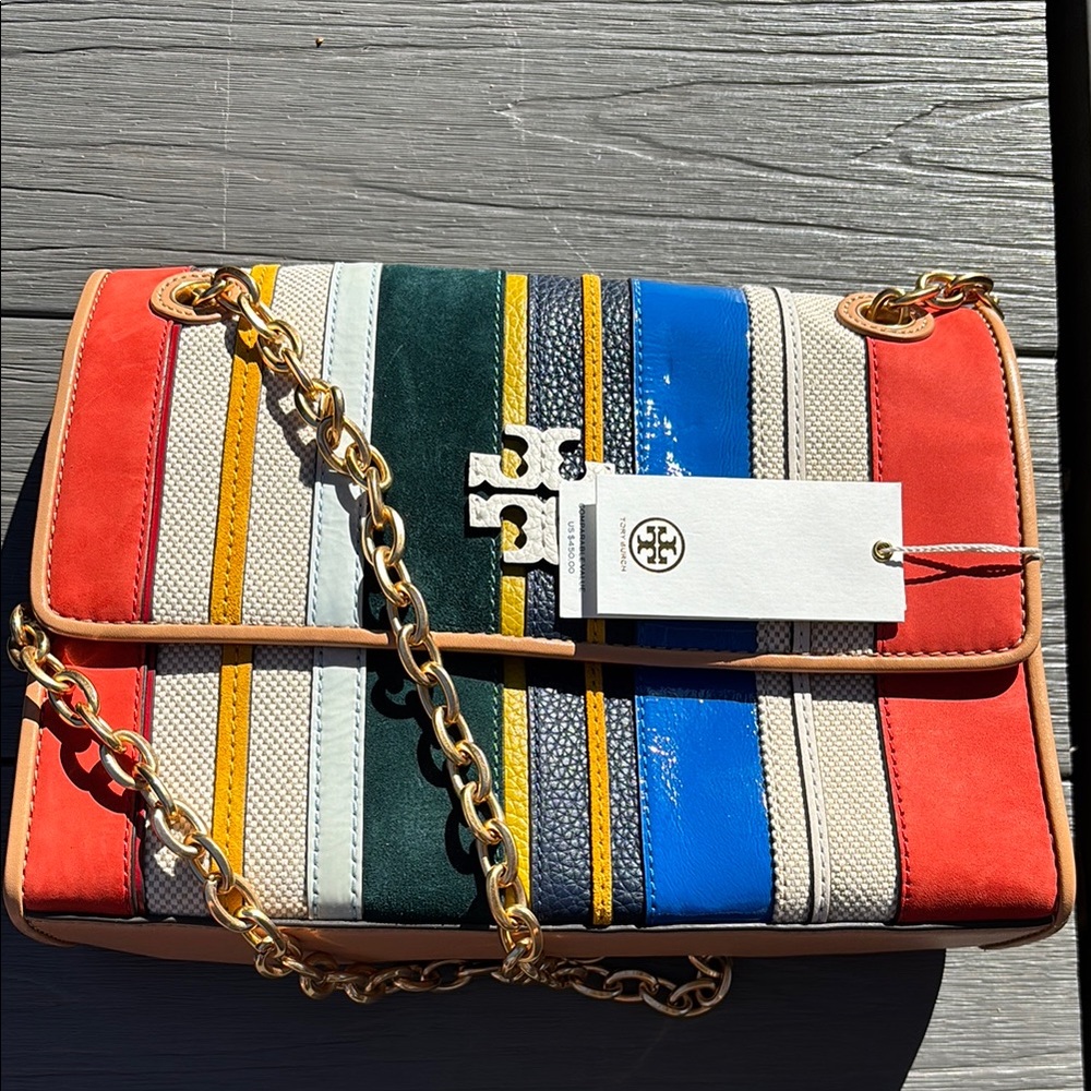 Tory Burch Red and Blue Crossbody Bag with Geometric Stripes